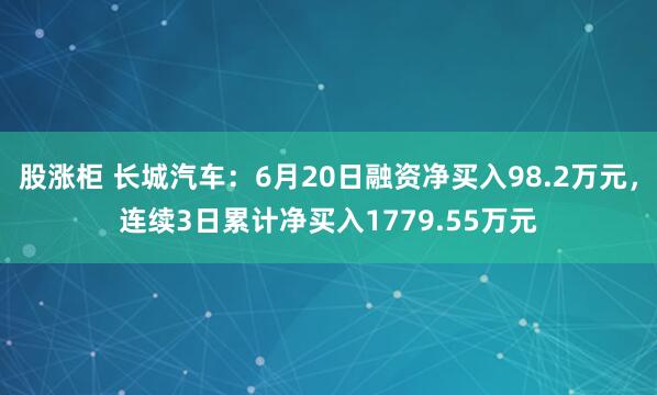 股涨柜 长城汽车：6月20日融资净买入98.2万元，连续3日累计净买入1779.55万元